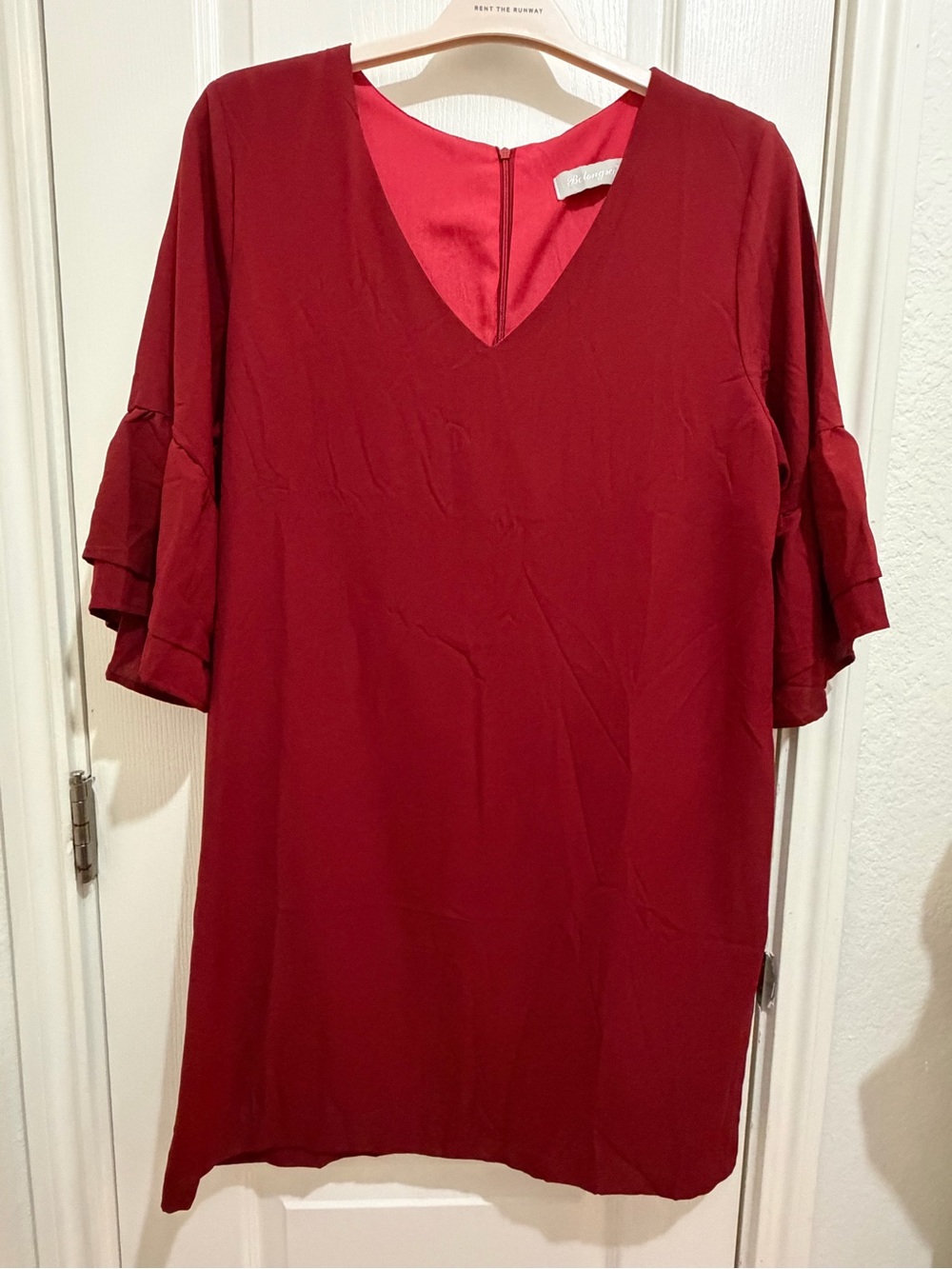 BELONGSCI Burgundy V-Neck Tiered Ruffle Bell Sleeve Shift Dress XL